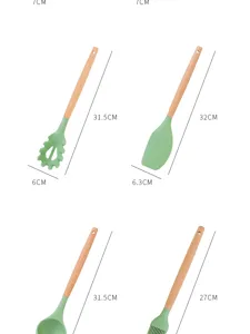 Siliconen keukengerei met houten handvatten gedetailleerd overzicht met duidelijke afmetingen.