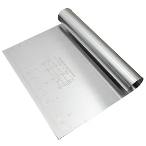 Stainless steel dough scraper with measurement scale and conversion table for baking.