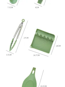 Groene siliconen keukengerei set details tonen nauwkeurige productafmetingen en maten.