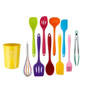 Colorful silicone kitchen utensil set 10 pieces with storage holder, heat resistant.