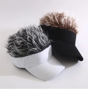 Close-up detail of the funny wig sun visor cap, showing the textured hair and neat brim design.