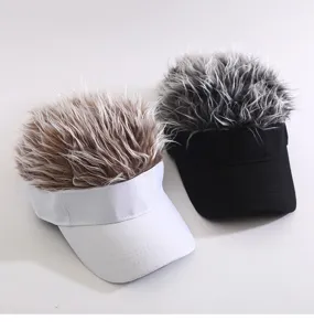 Details of funny spiky hair baseball cap visor, novelty wig hat design for men and women.