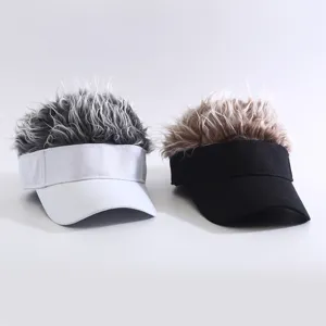 Detail view of novelty funny wig baseball visor hats, unisex street fashion sun hats.