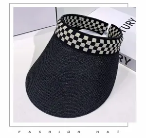 Damen Sommer Stroh Sonnenblende leerer Hut Kariert Mode Freizeit Outdoor Strand Mütze