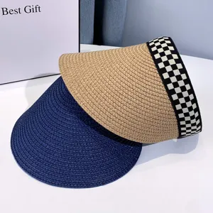 Sommer Stroh leerer Oberteil Sonnenhut Set, stylisches Karomuster breite Krempe Strand Visier.