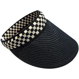Damen Sommer Stroh Sonnenblende mit Karomuster Band, lässige Outdoor Strand UV-Schutz Mütze.