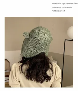 Cute frog straw hat for women, summer beach sun protection, stylish woven fisherman hat detail.