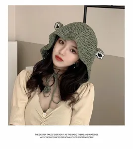 Green crochet frog bucket hat with chin ties, cute handmade knit hat for summer beach wear.