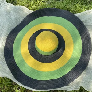 Strohoed met kleurrijke ringen, ideaal voor strand en zomerse zonbescherming tijdens vakantie.