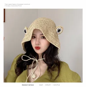 Women Summer Crochet Frog Straw Hat Cute Sun Beach Fisherman Cap Woven Sunshade Hat