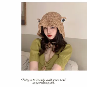 Cute frog straw hat for women, summer sun protection beach fisherman hat with lovely ear design.