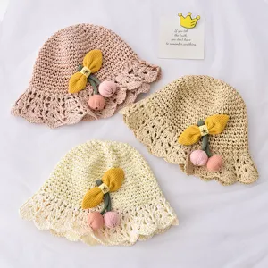 Chapeau de Paille pour Enfants Été Respirant Protection Solaire Mignon Nœud Papillon Cerise Chapeau Bob Bébé Filles Garçons Casquette de Plage