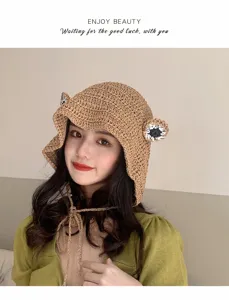 Summer cute frog crochet bucket hat for women, breathable straw sun beach hat with ties.