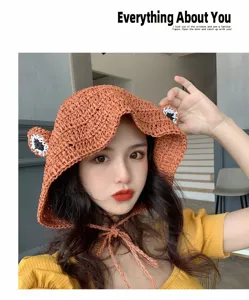 Summer cute frog design handmade straw bucket hat, breathable beach sun hat for women.