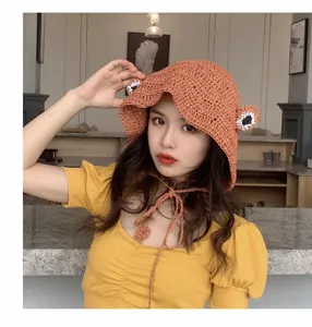 Cute handmade crochet frog bucket hat for women, stylish summer sun hat with cute chin ties.