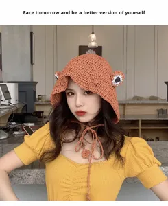Women summer straw hat cute frog design sun protection fisherman beach hat casual sunshade