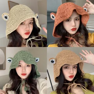 Women Cute Frog Straw Woven Bucket Hat Summer Sun Protection Beach Hat Casual Travel Cap