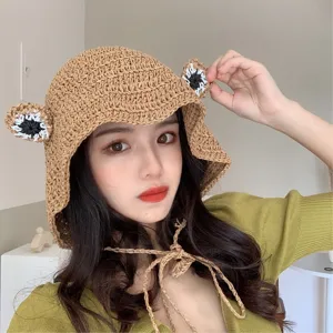 Cute frog ears straw bucket hat for women summer beach sun protection casual woven fisherman cap