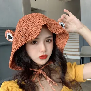 Summer cute orange frog bucket hat handmade woven sun protection beach fisherman hat for women