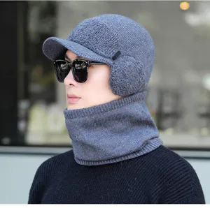 Winter warme Strickmütze und Halstuch Set für Herren, dicke gefütterte Ohrenklappe.