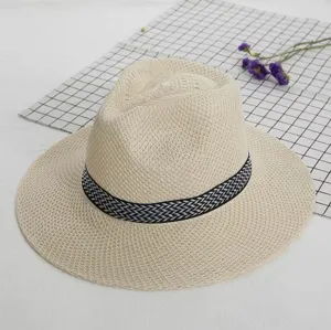 Men's Straw Hat Summer Sun Protection Beach Fedora Woven Breathable Outdoor Travel Hat With Geometric Hat Band