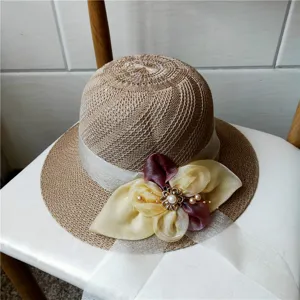 Cappello di paglia cavo estivo da donna con nastro di perle floreali, cappello da sole pieghevole.
