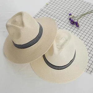 Men summer straw sun hat outdoor beach woven fedora cap with patterned band stylish sunproof