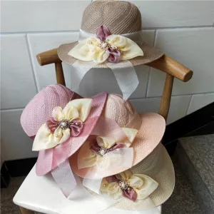 Donna estate cappello da sole pieghevole cappello di paglia cavo con nastro e perla fiore