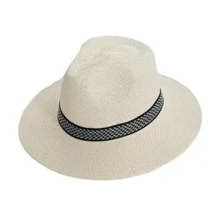 Men's summer straw hat casual beach sun protection fedora hat with woven band.
