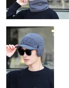 Herren Winter warme Strickmütze und Schal Set mit Ohrenklappen und Schirm, dicke Thermomütze.