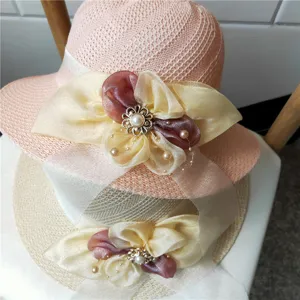 Cappello da sole in paglia donna ragazza estate pieghevole spiaggia fiore perla mod