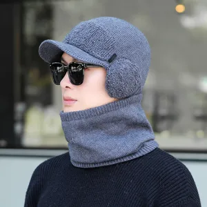 Winter warme Strickmuetze und Schal Set fuer Herren, dicke gefuetterte Ohrenklappe Kappe.