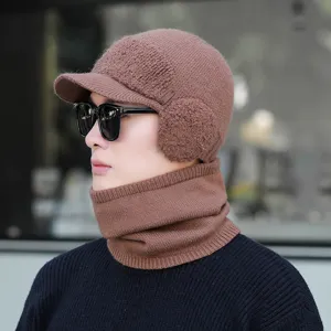 Winter warm gestrickte Mütze und Schal Set für Herren, gefütterte dicke Thermomütze Ohrenklappen.