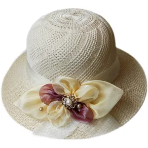 Cappello di paglia estivo pieghevole da donna con decorazione di perle floreali, anti-UV.