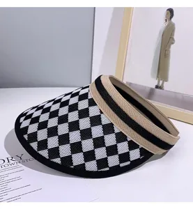 Chapeau de soleil vide à carreaux noir et blanc visière large bord anti-UV pour femmes