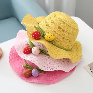 Süßer kinder spitzen sonnenhut mit früchten, breite krempe sommer strand fischerhut für mädchen.
