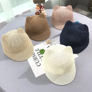 Cappello da sole orecchie di gatto bambini estate intrecciato simpatico berretto spiaggia