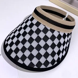 Femmes Chapeau Visière de Soleil d'Été Top Vide Carreaux Large Bord Plage Casquette Casual Protection UV Bandeau Chapeau de Soleil