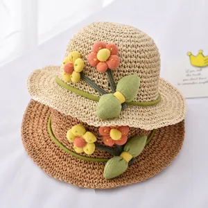 Süßer Kinder Strohhut Sommer Sonnenschutz geflochtener Fischerhut mit Blumen für Jungen und Mädchen
