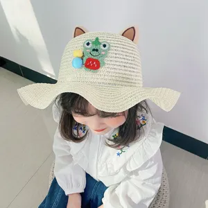 Kids Summer Straw Hat Cute Cartoon Bear Cat Ears Sun Protection Beach Fisherman Hat Toddler Baby Sun Cap
