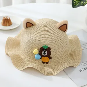 Kids summer straw hat with cute cartoon bear embroidery, breathable and sun-protection sunhat.