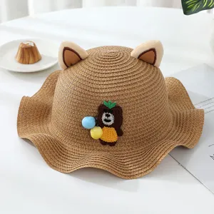 Cute toddler straw sun hat with 3d bear ears and cartoon embroidery for summer outdoor wear.