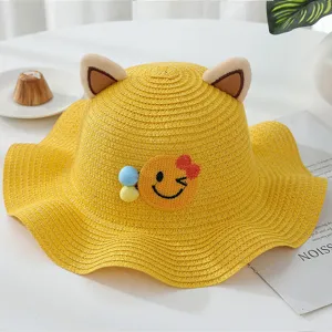 Cute kids straw hat with cat ears summer sun protection beach bucket hat in bright yellow