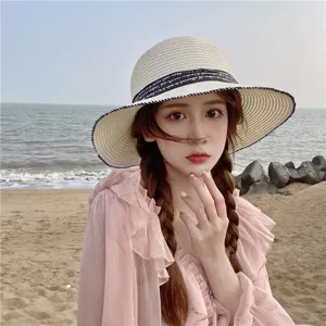 Sombrero de paja mujer verano playa sombrero de sol plano con cinta negra elegante gorro