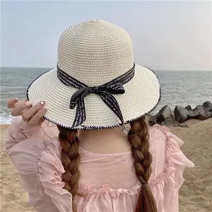 Sombrero de paja mujer verano playa elegante gorro de sol tejido con lazo cinta negra.