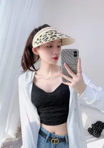 Summer empty top straw hat leopard print sun hat breathable UV protection stylish beach visor
