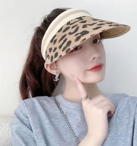 Summer straw sun visor hat with stylish leopard print pattern, lightweight and breathable.