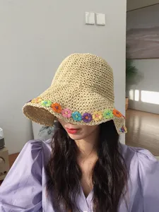 Cappello da sole in paglia estivo donna con fiori colorati all'uncinetto, cappello pieghevole spiaggia