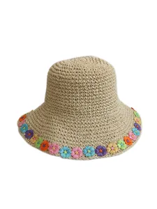 Cappello di paglia da donna con fiori ricamati colorati, cappello da sole estivo al mare