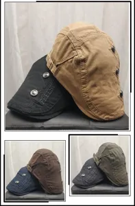 Retro cotton flat cap for men women, stylish duckbill beret with metal buttons embroidery.